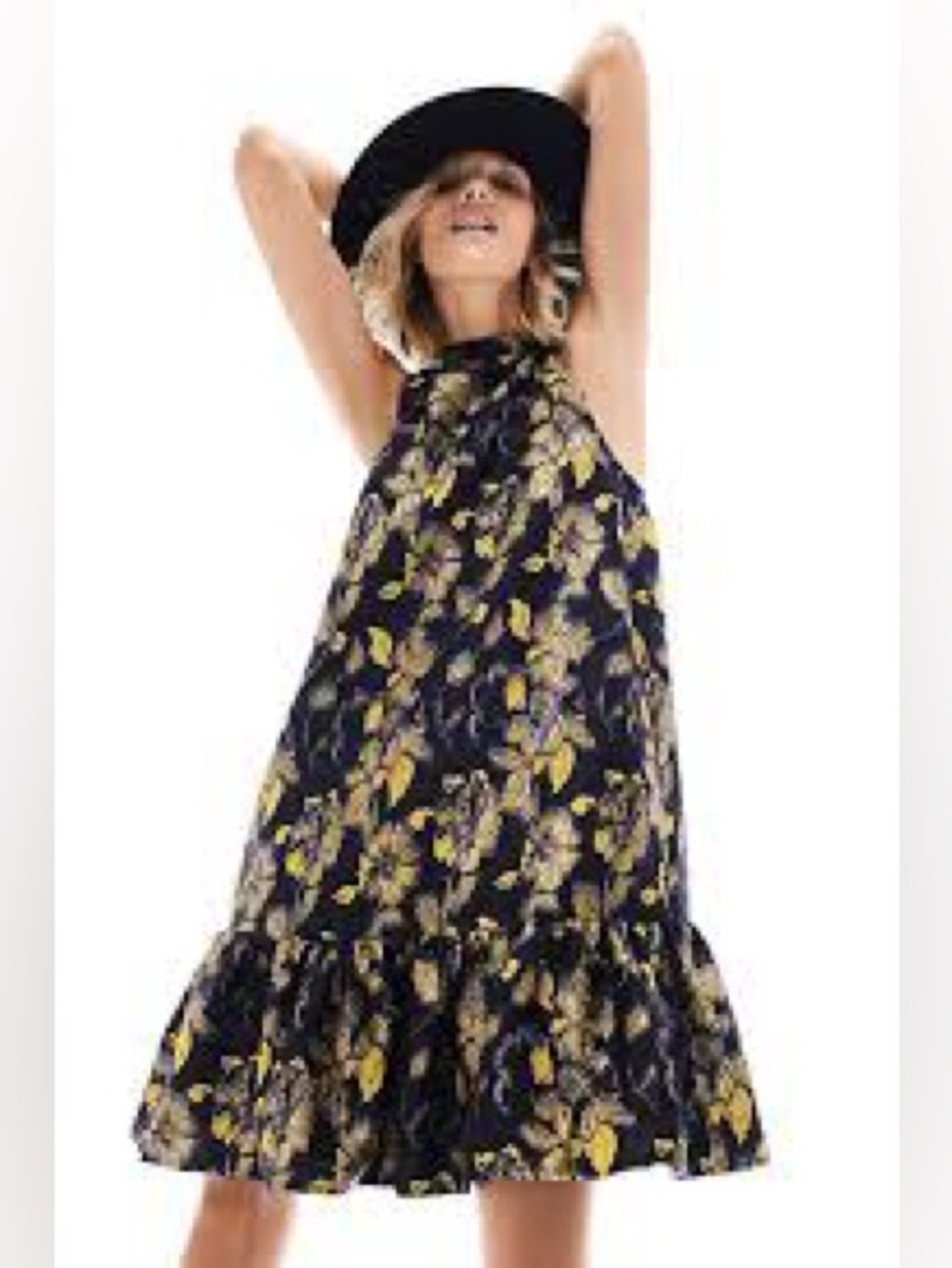 Anthropologie Liza swing dress navy gold tiered sleeveless sz medium